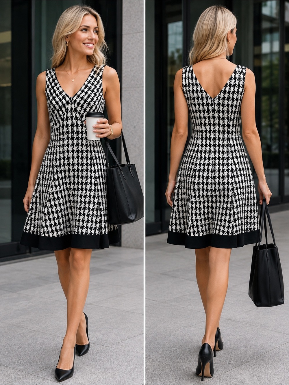 Nine West Houndstooth Dress Black White Fit Flare V Neck Career Office Siren M